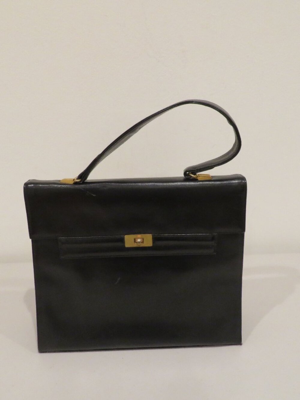 Vintage Dofan Black Leather Frame Top Handle Bag France